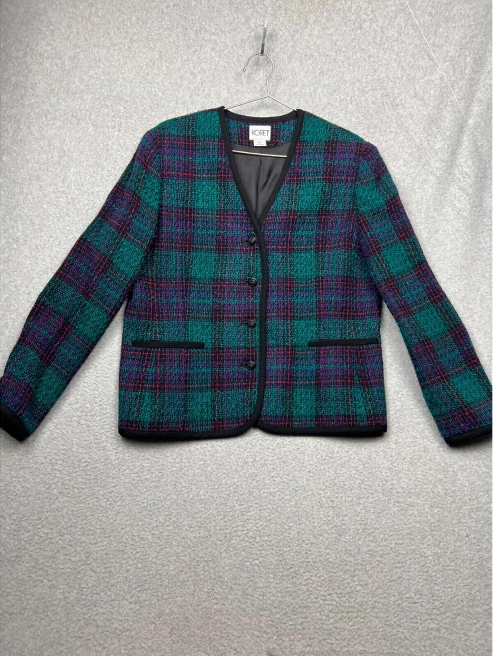 70s Vintage Koret Tweed Plaid Blazer Jacket Womens L Button Preppy Chic